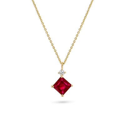 14K Yellow Gold .62 TCW Natural Square Cut Red Ruby and White Diamond Pendant