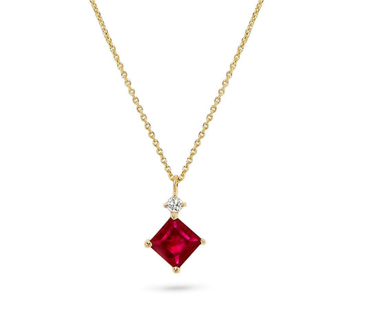 14K Yellow Gold .62 TCW Natural Square Cut Red Ruby and White Diamond Pendant