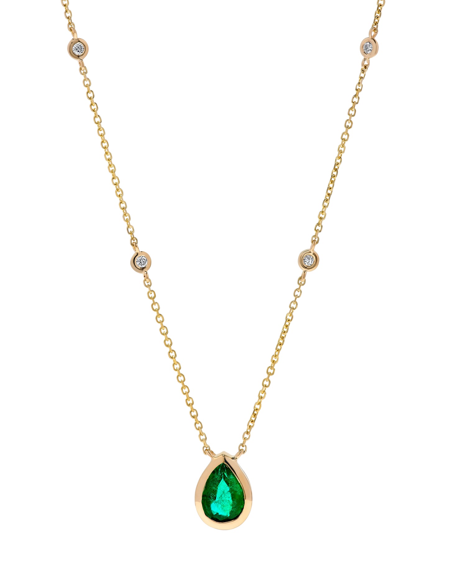 14K Yellow Gold 1.88 TCW Natural Pear Shape Emerald Pendant & White Diamond Pendant