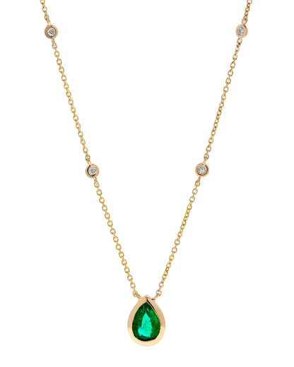 14K Yellow Gold 1.88 TCW Natural Pear Shape Emerald Pendant & White Diamond Pendant
