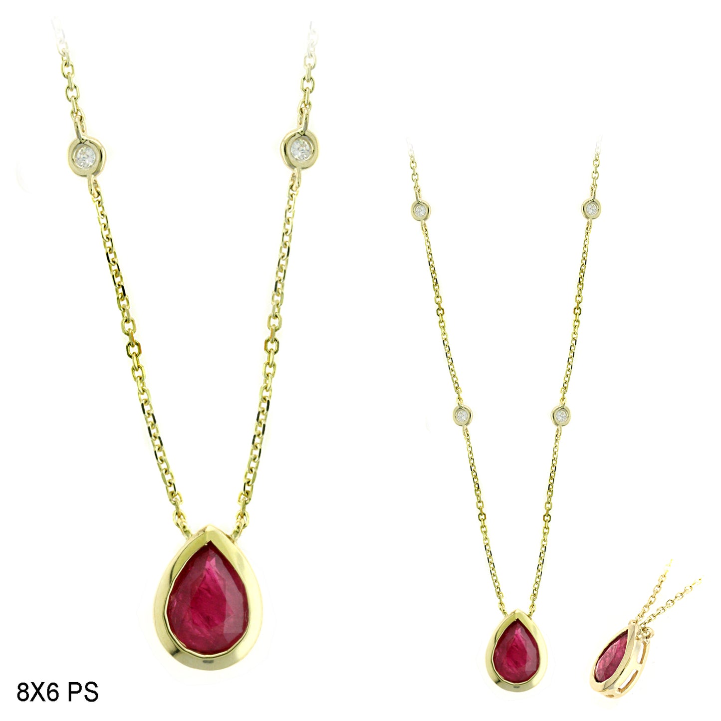 14K Yellow Gold 1.23 TCW Natural Pear Shape Red Ruby and White Diamond Pendant