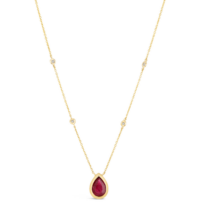 14K Yellow Gold 1.23 TCW Natural Pear Shape Red Ruby and White Diamond Pendant