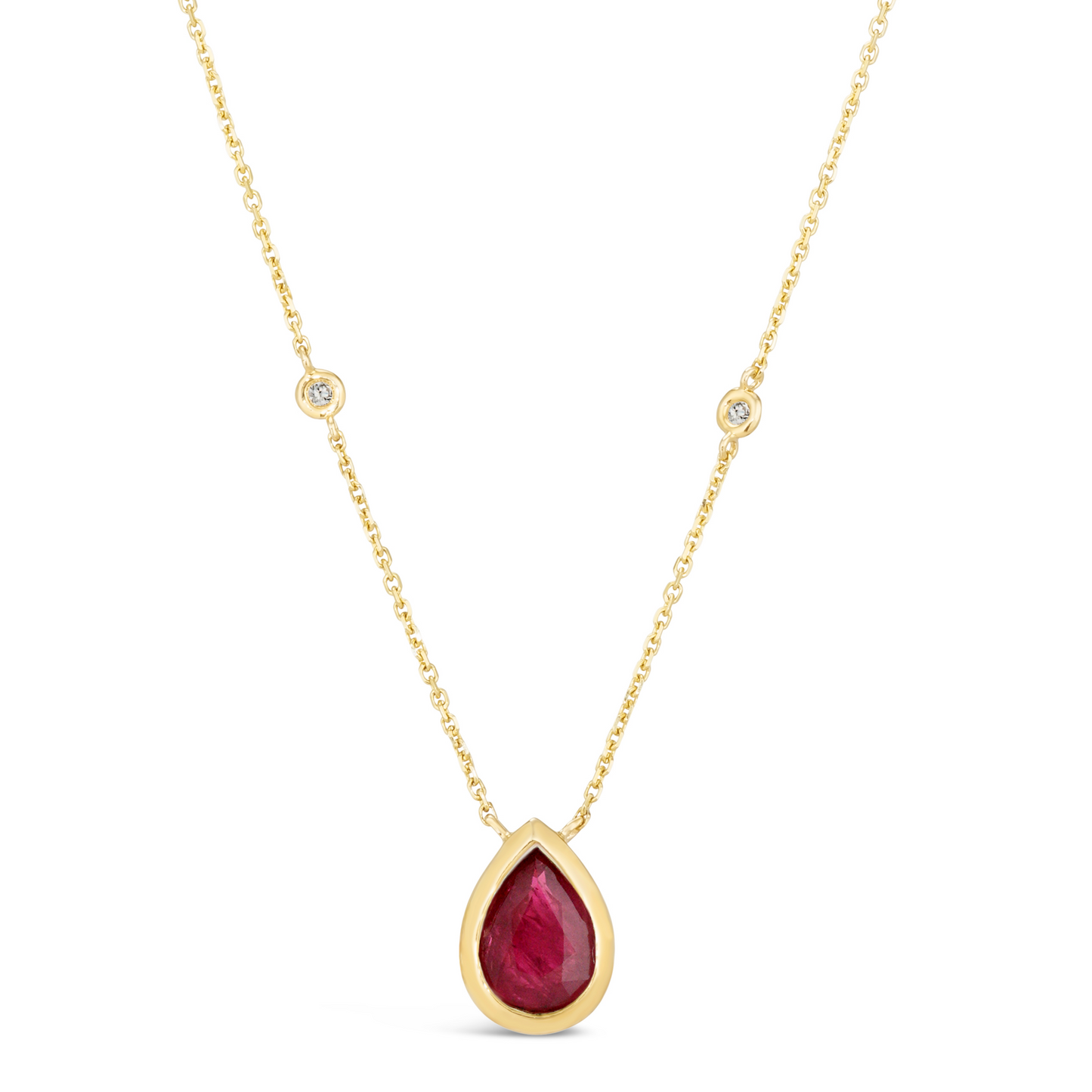 14K Yellow Gold 1.23 TCW Natural Pear Shape Red Ruby and White Diamond Pendant