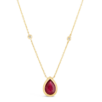 14K Yellow Gold 1.23 TCW Natural Pear Shape Red Ruby and White Diamond Pendant