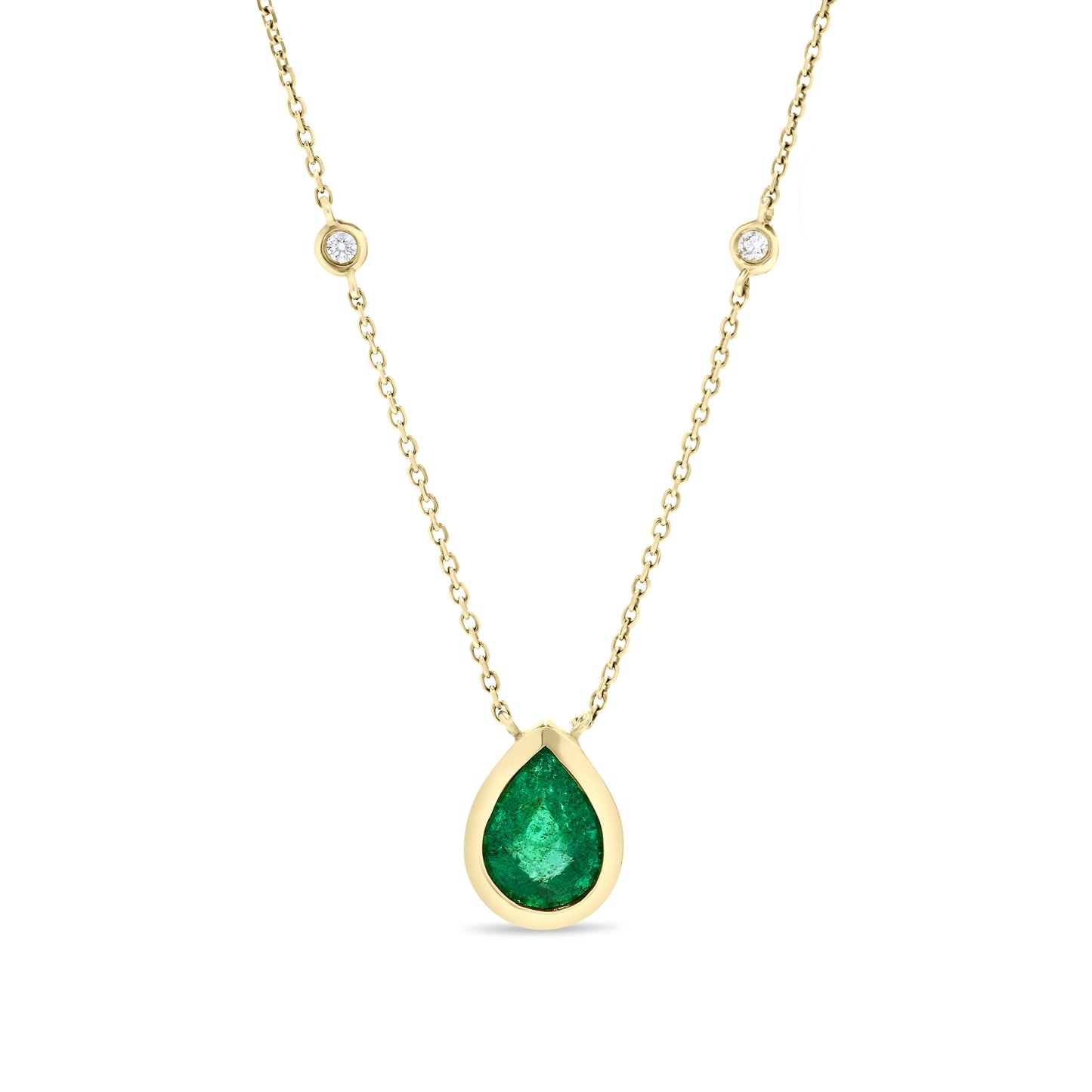 14K Yellow Gold 1.88 TCW Natural Pear Shape Emerald Pendant & White Diamond Pendant