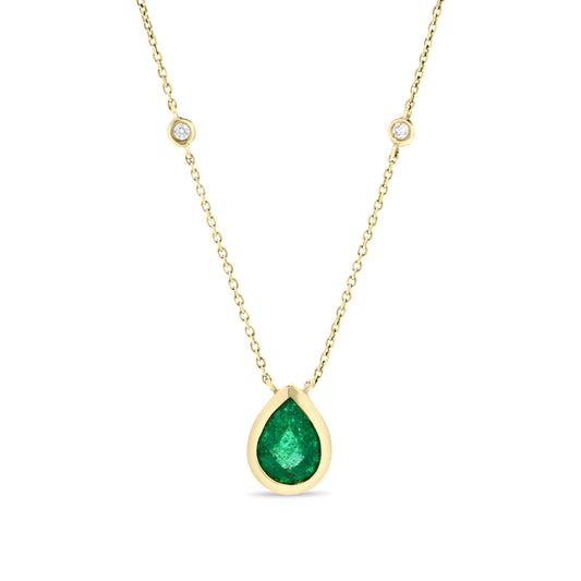 14K Yellow Gold 1.88 TCW Natural Pear Shape Emerald Pendant & White Diamond Pendant