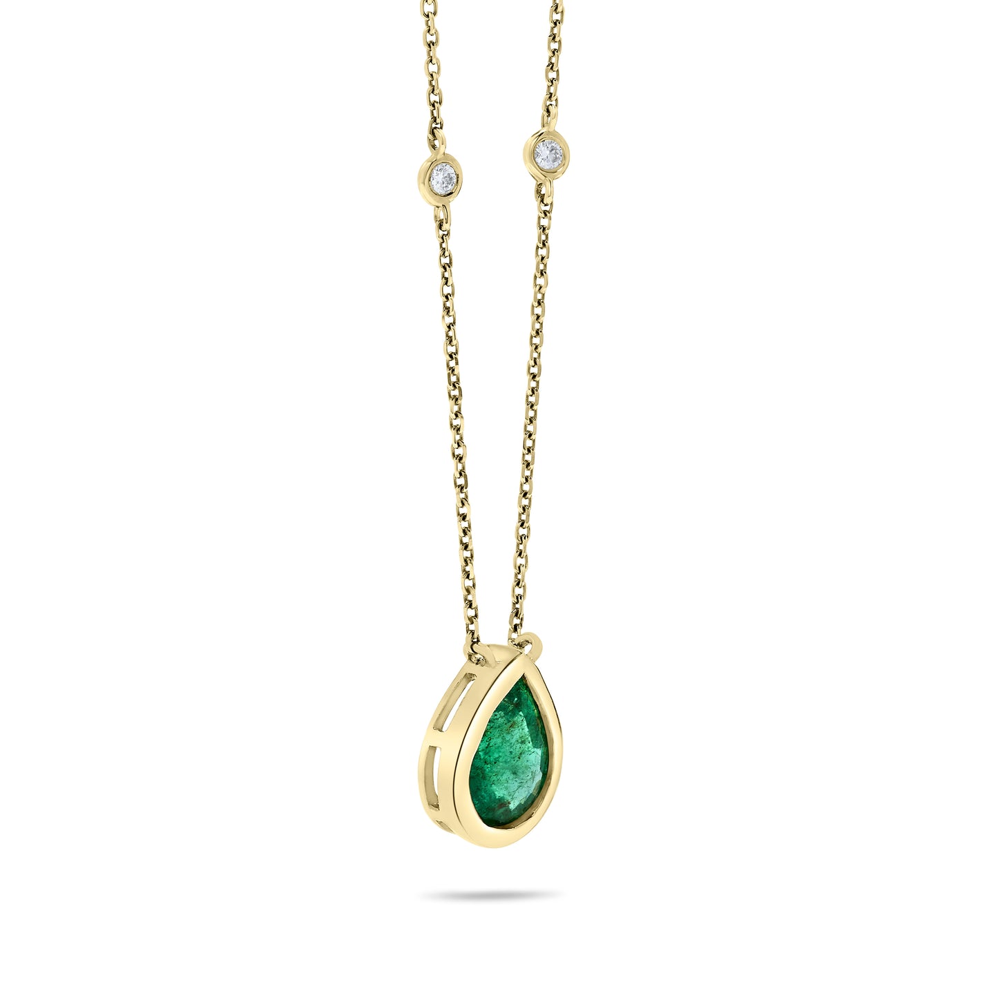 14K Yellow Gold 1.88 TCW Natural Pear Shape Emerald Pendant & White Diamond Pendant