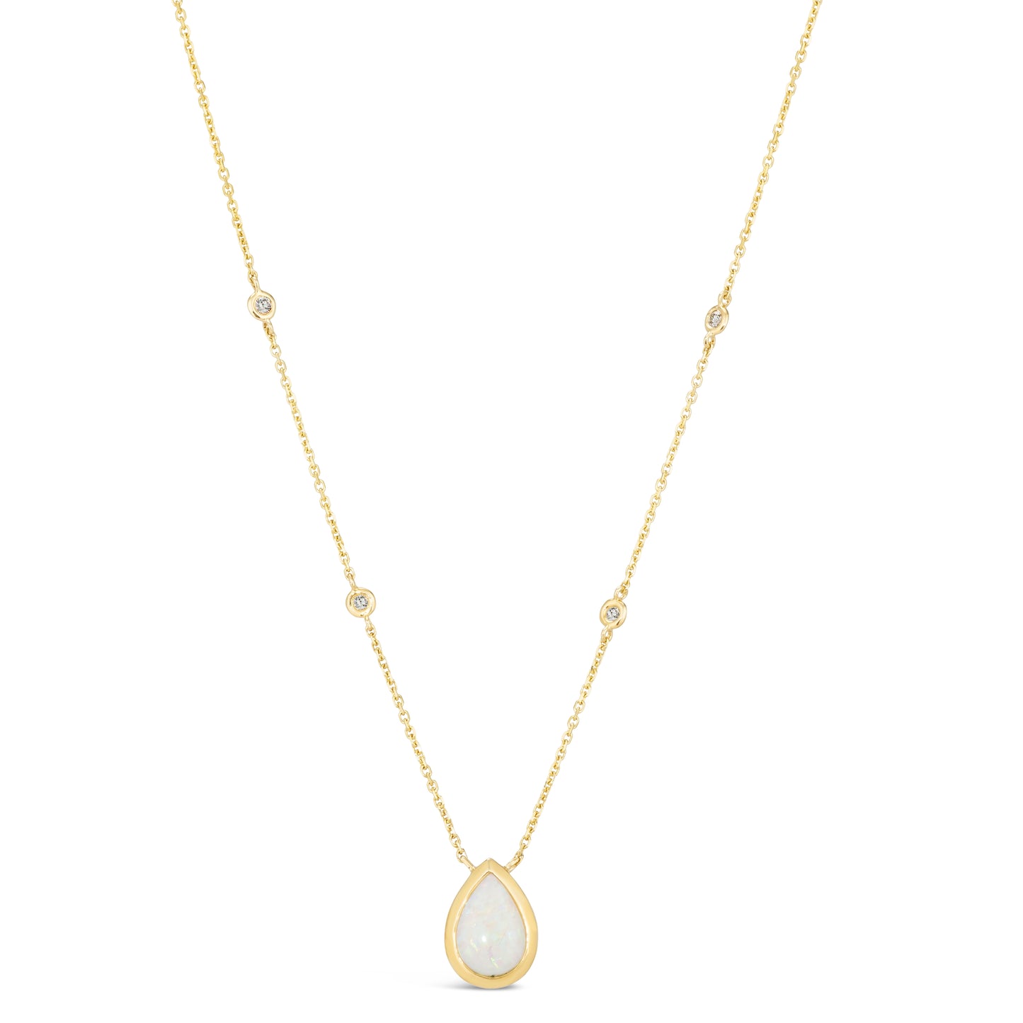 14K Yellow Gold 1.28 TCW Natural Pear Shape Opal and White Diamond Necklace