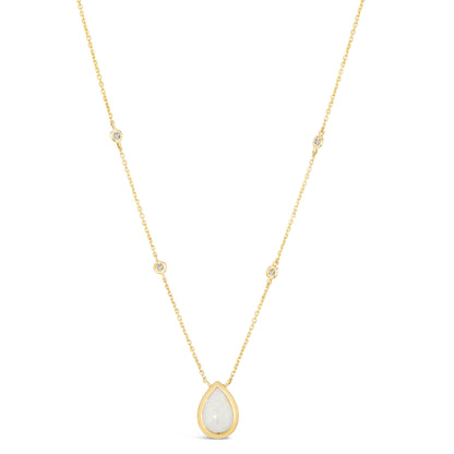 14K Yellow Gold 1.28 TCW Natural Pear Shape Opal and White Diamond Necklace