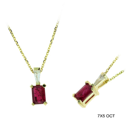 14K Yellow Gold 1.23 TCW Natural Octagon Cut Red Ruby and White Diamond Pendant