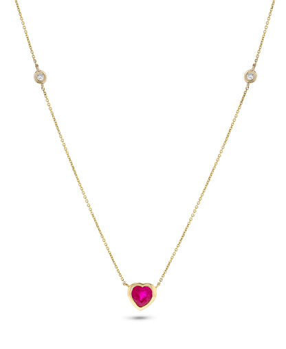 14K Yellow Gold .64 TCW Natural Heart Shape Red Ruby and White Diamond Pendant