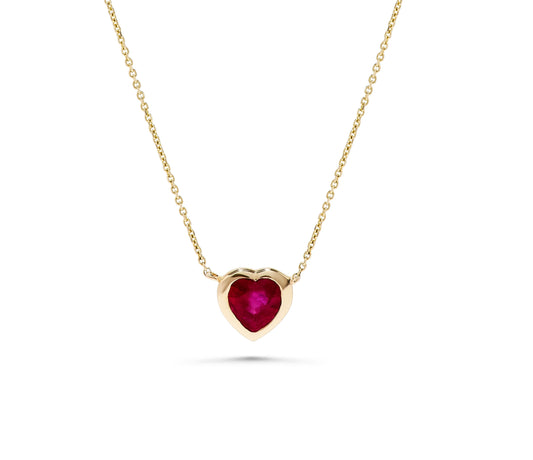 14K Yellow Gold .64 TCW Natural Heart Shape Red Ruby and White Diamond Pendant