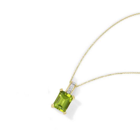 14K Yellow Gold 2.91 TCW Natural Octagon Cut Peridot and White Diamond Pendant