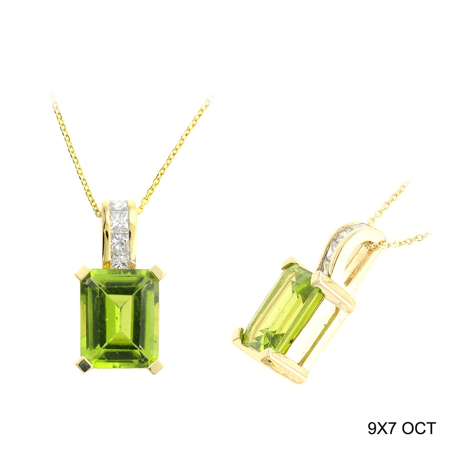 14K Yellow Gold 2.91 TCW Natural Octagon Cut Peridot and White Diamond Pendant