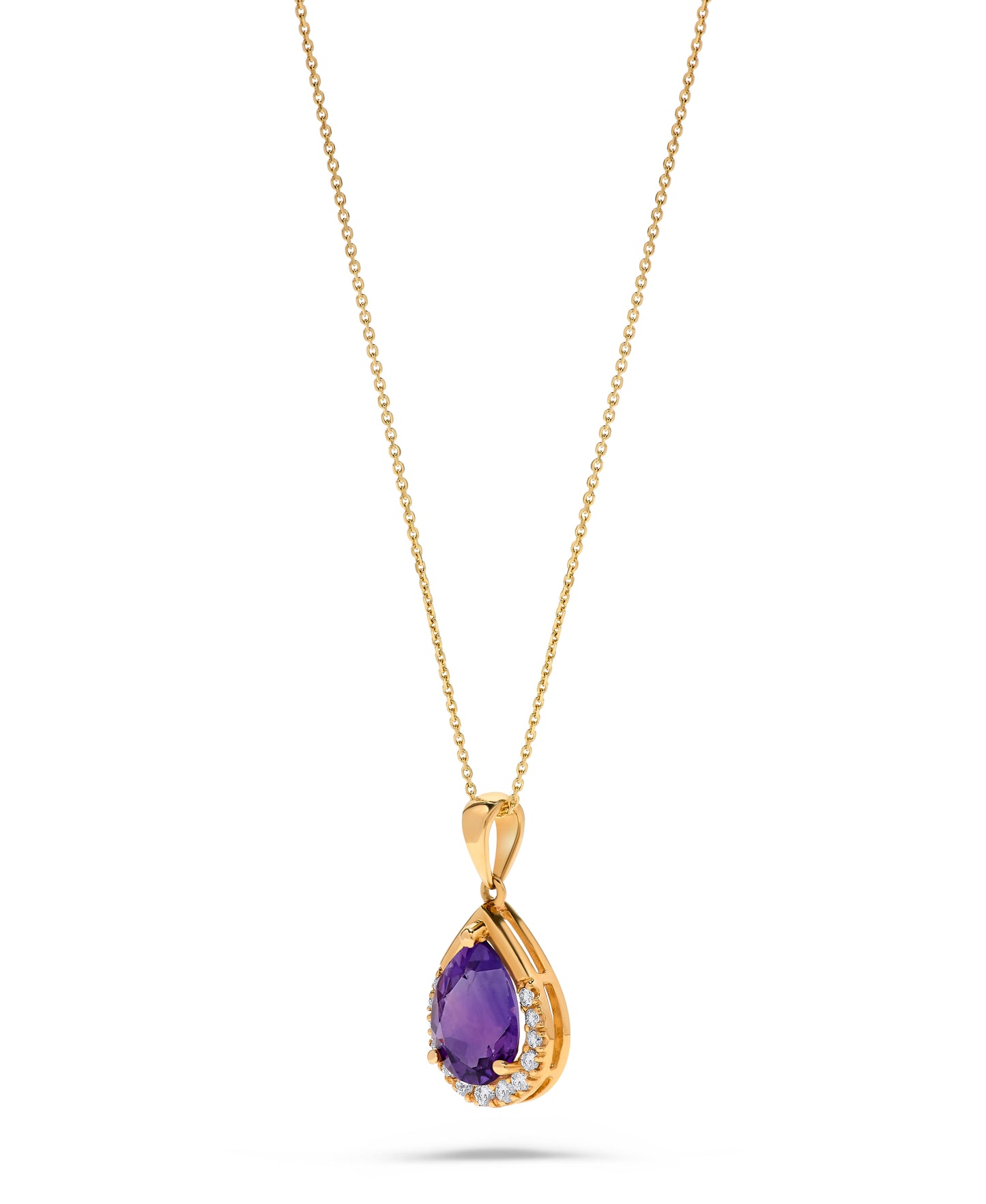 1.70 TCW Natural Pear Shaped Amethyst and White Diamond 14K Yellow Gold Necklace