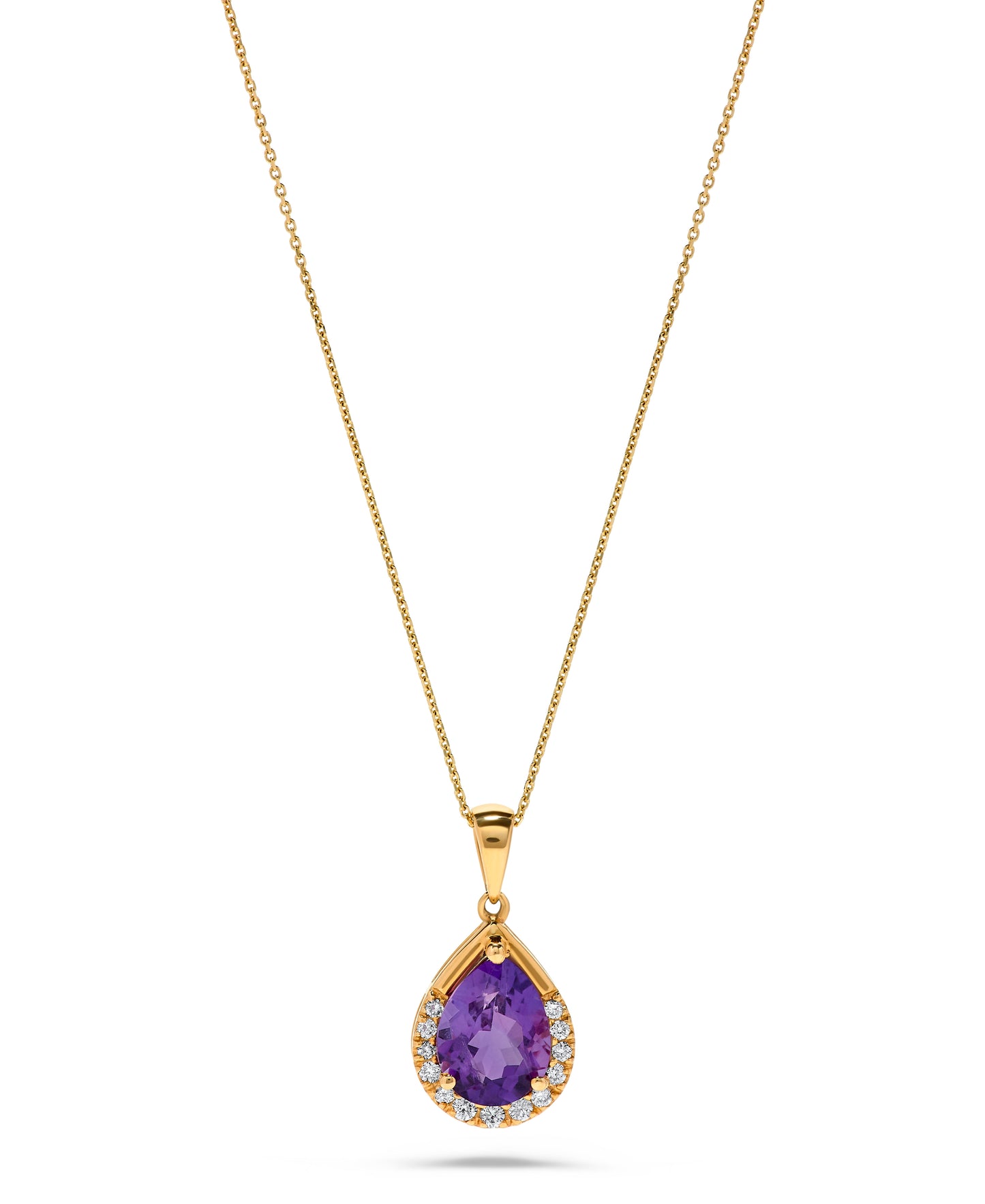 1.70 TCW Natural Pear Shaped Amethyst and White Diamond 14K Yellow Gold Necklace