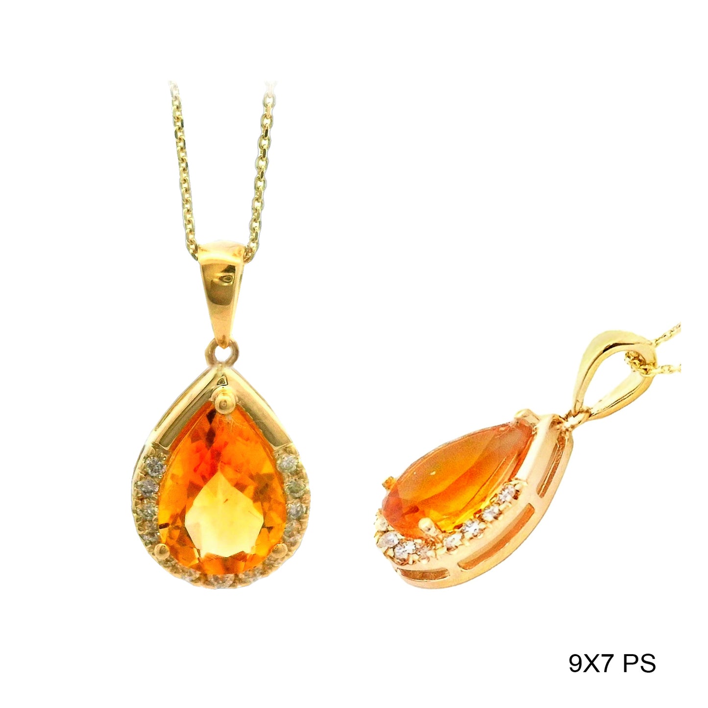 1.70 TCW Natural Pear Shaped Citrine and White Diamond 14K Yellow Gold Necklace