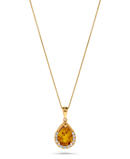 1.70 TCW Natural Pear Shaped Citrine and White Diamond 14K Yellow Gold Necklace