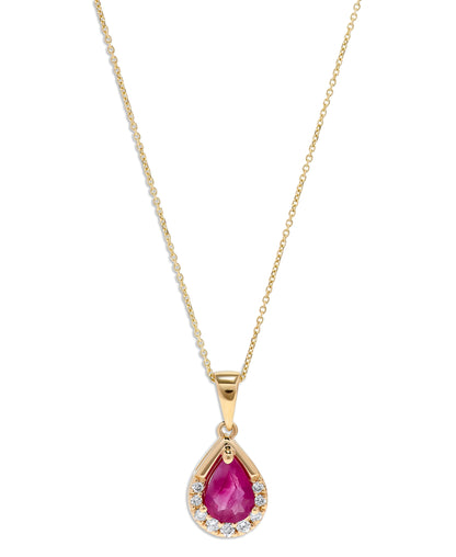 14K Yellow Gold .89 TCW Natural Pear Cut Red Ruby and Diamond Pendant