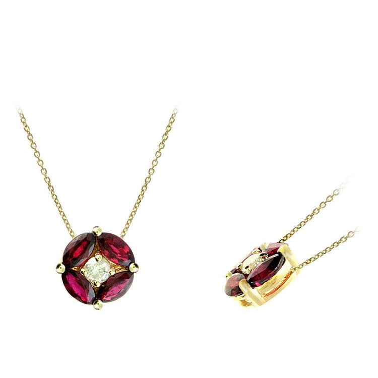 14K Yellow Gold .90 TCW Natural White Diamond Marquise Cut Red Ruby Pendant