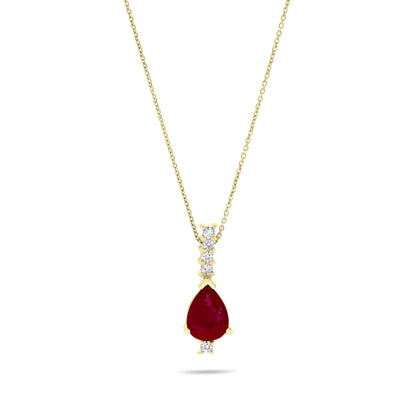 14K Yellow Gold 1.25 TCW Natural Pear Shape Red Ruby and White Diamond Pendant