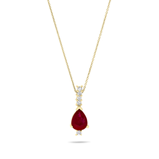 14K Yellow Gold 1.25 TCW Natural Pear Shape Red Ruby and White Diamond Pendant
