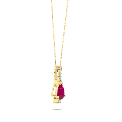 14K Yellow Gold 1.25 TCW Natural Pear Shape Red Ruby and White Diamond Pendant