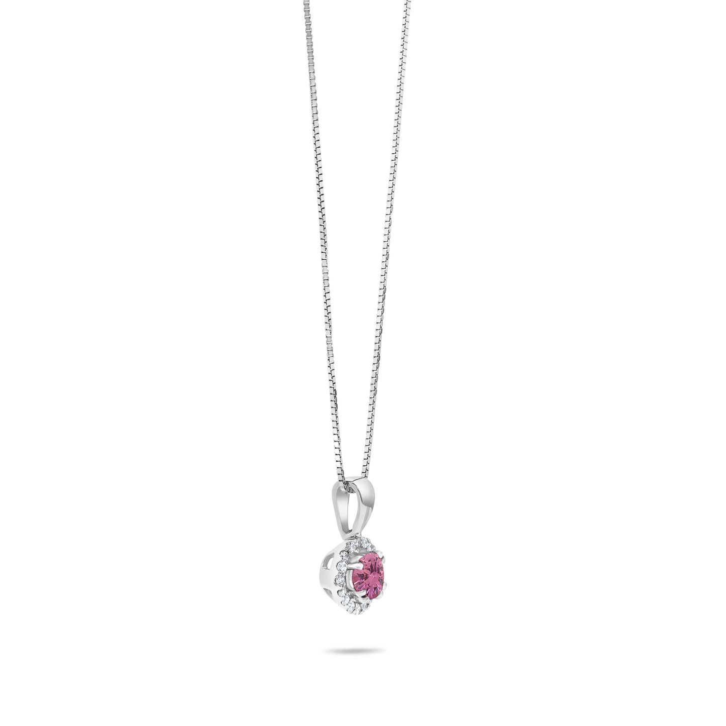 14K White Gold .36 TCW Natural Round Pink Sapphire and White Diamond Pendant