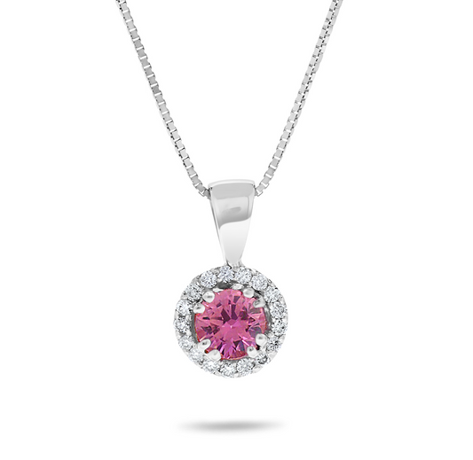 14K White Gold .36 TCW Natural Round Pink Sapphire and White Diamond Pendant