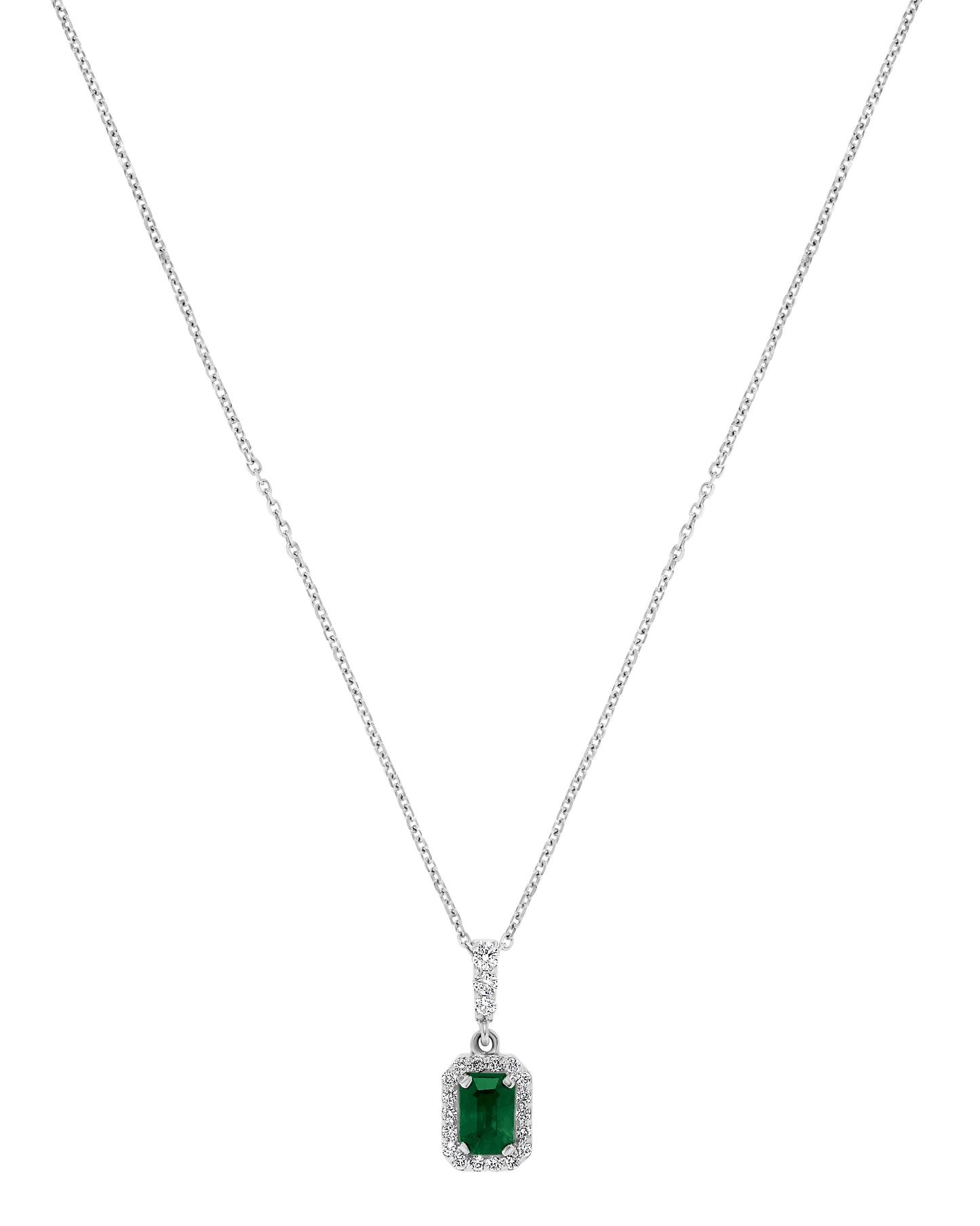 14K White Gold .78 TCW Natural Octagon Cut Emerald and White Diamond Pendant