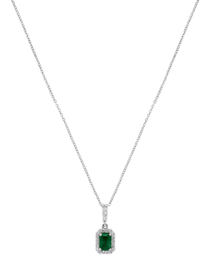 14K White Gold .78 TCW Natural Octagon Cut Emerald and White Diamond Pendant