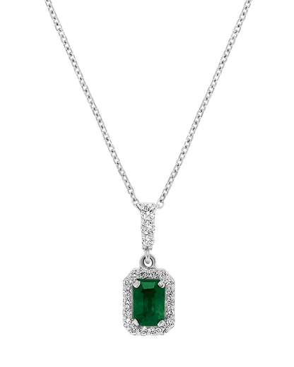 14K White Gold .78 TCW Natural Octagon Cut Emerald and White Diamond Pendant