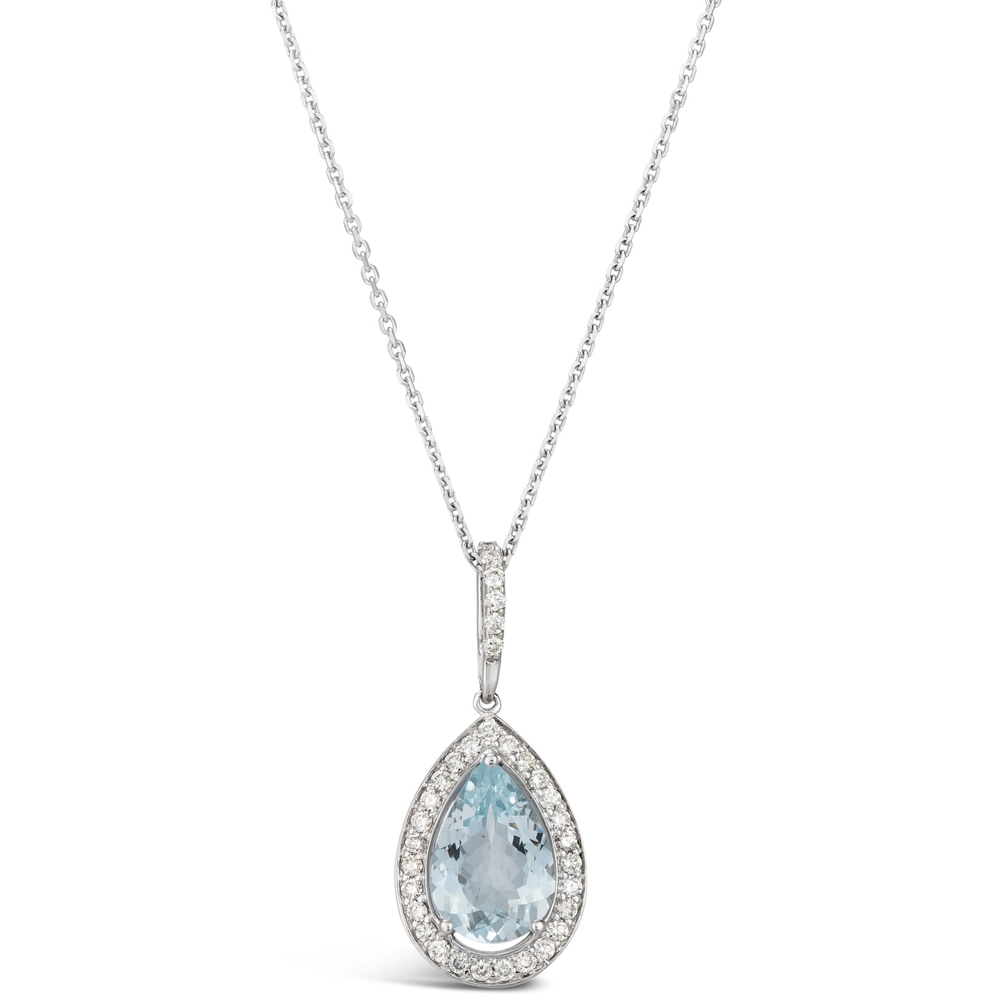 3.40 TCW Natural Pear Shape Aquamarine and White Diamond 14K White Gold Necklace