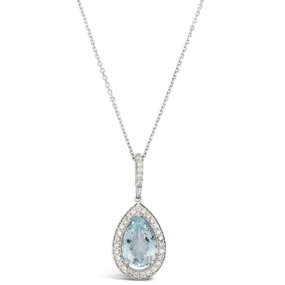 3.40 TCW Natural Pear Shape Aquamarine and White Diamond 14K White Gold Necklace