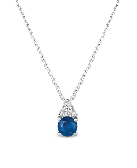 14K White Gold .46 TCW Natural Round Cut Sapphire and White Diamonds Pendant