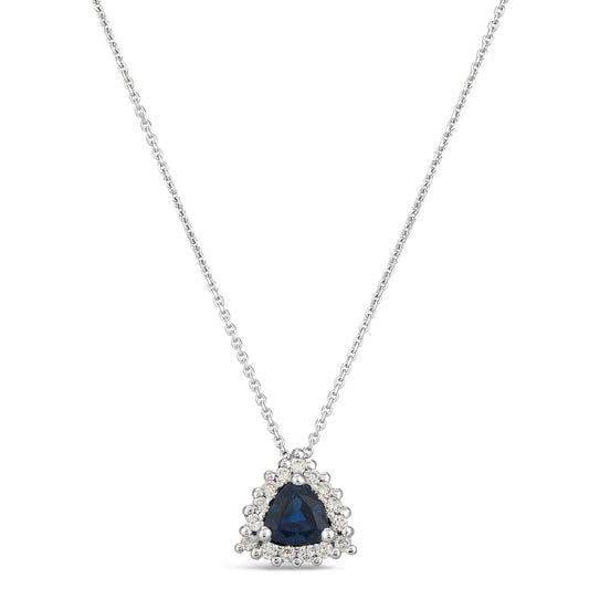 14K White Gold .50 TCW Natural Trilliant Blue Sapphire & White Diamond Pendant