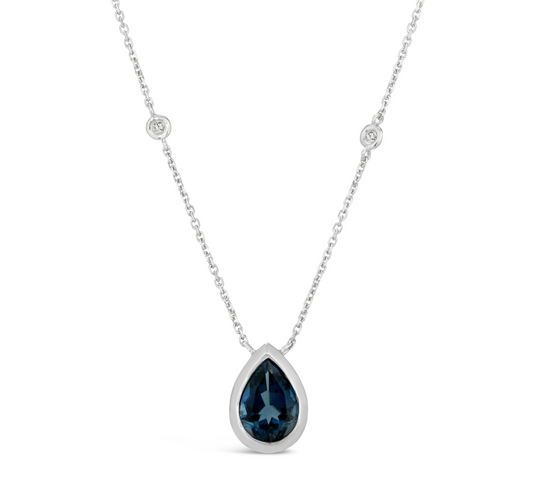3.58 TCW Natural Pear Shape Blue Topaz and White Diamond 14K White Gold Necklace