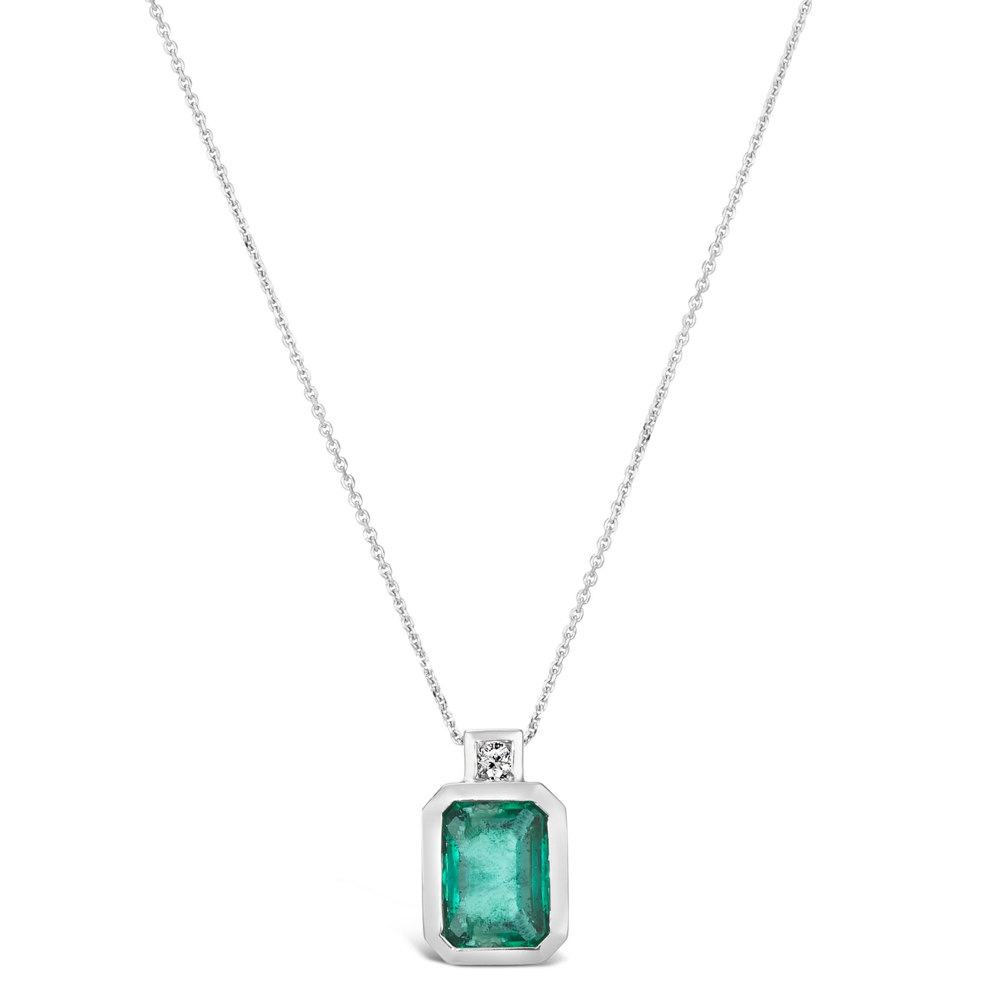 14K White Gold 1.69 TCW Natural Octagon Cut Emerald and White Diamonds Pendant