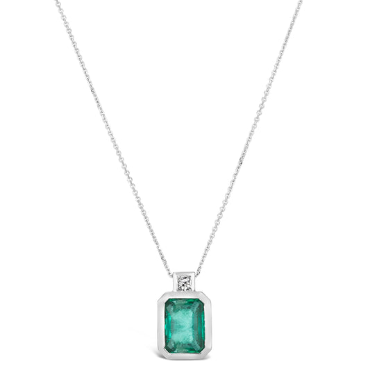 14K White Gold 1.69 TCW Natural Octagon Cut Emerald and White Diamonds Pendant