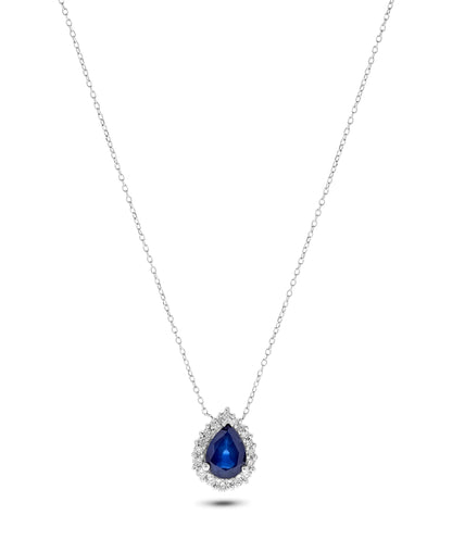 14K White Gold 1.41 TCW Natural Pear Cut Blue Sapphire and Diamond Pendant