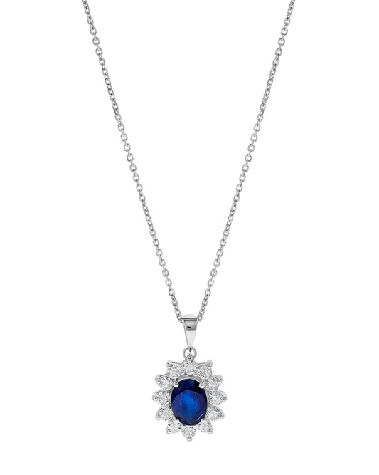 14K White Gold 2.1 TCW Natural Oval Cut Blue Sapphire and Diamond Pendant