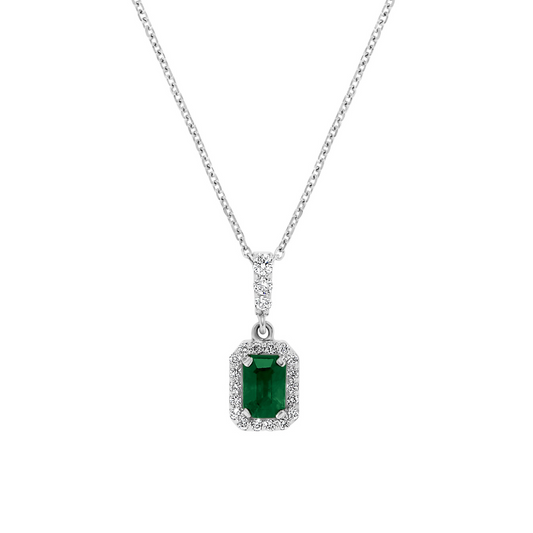 14K White Gold .78 TCW Natural Octagon Cut Emerald and White Diamond Pendant