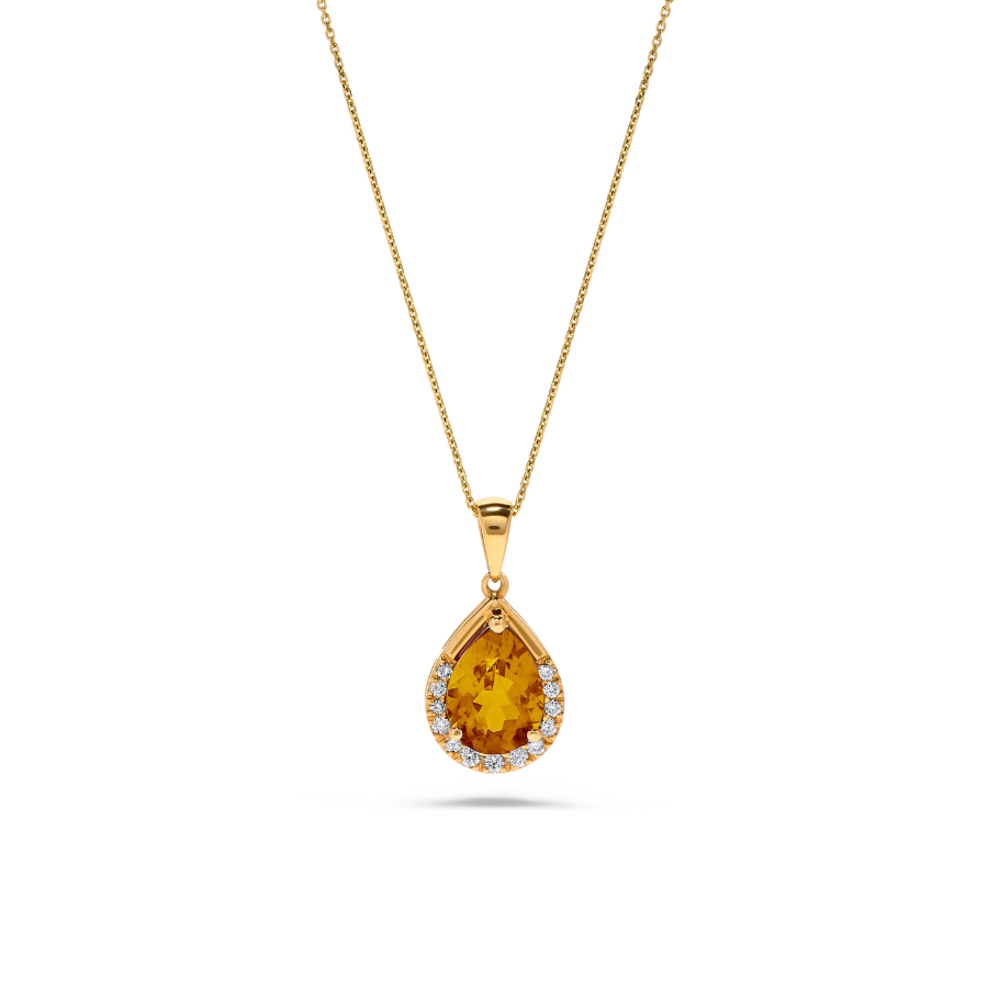 1.70 TCW Natural Pear Shaped Citrine and White Diamond 14K Yellow Gold Necklace