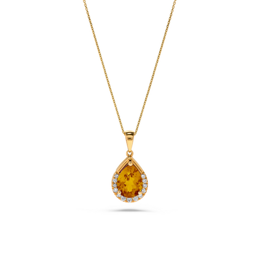 1.70 TCW Natural Pear Shaped Citrine and White Diamond 14K Yellow Gold Necklace