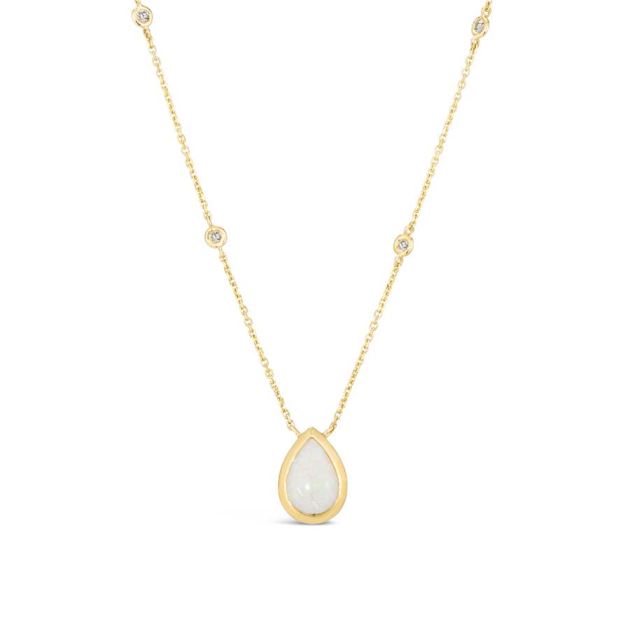 14K Yellow Gold 1.28 TCW Natural Pear Shape Opal and White Diamond Necklace