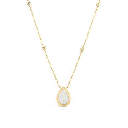 14K Yellow Gold 1.28 TCW Natural Pear Shape Opal and White Diamond Necklace