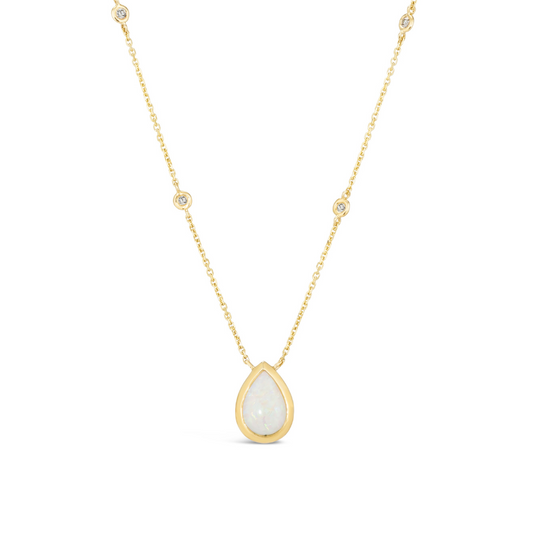 14K Yellow Gold 1.28 TCW Natural Pear Shape Opal and White Diamond Necklace