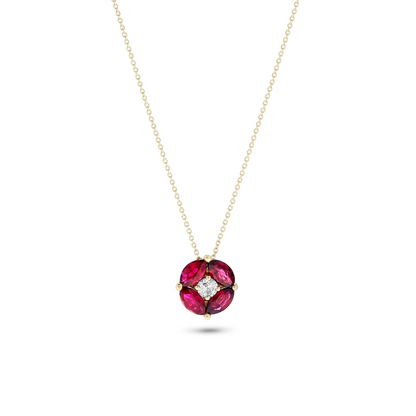 14K Yellow Gold .90 TCW Natural White Diamond Marquise Cut Red Ruby Pendant