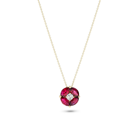 14K Yellow Gold .90 TCW Natural White Diamond Marquise Cut Red Ruby Pendant