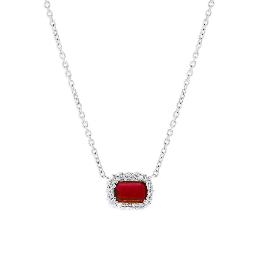 14K White Gold .86 TCW Natural Octagon Cut Red Ruby and White Diamond Necklace